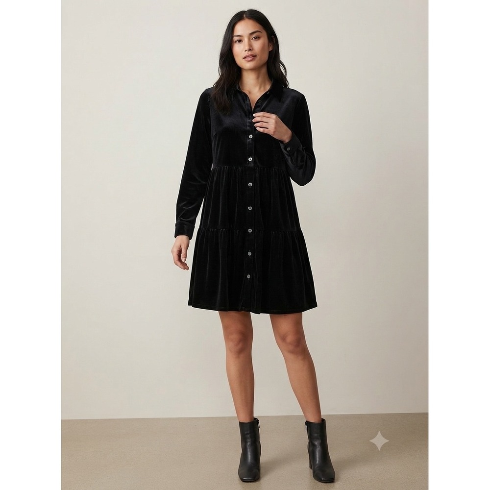 Jodifl Black Velvet Shirt Dress Long Sleeve Button Down Empire Waist L Boho Goth